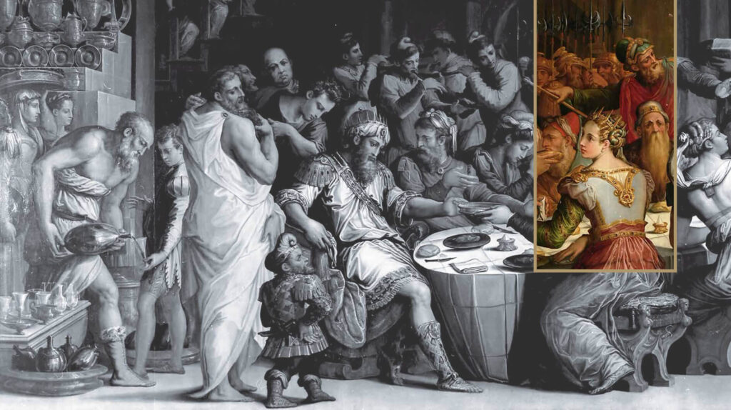 Scena di banchetto rinascimentale (Vasari): sovrano seduto tra cortigiani e servitori con vasellame in primo piano; a destra riquadro a colori con regina incoronata al tavolo.