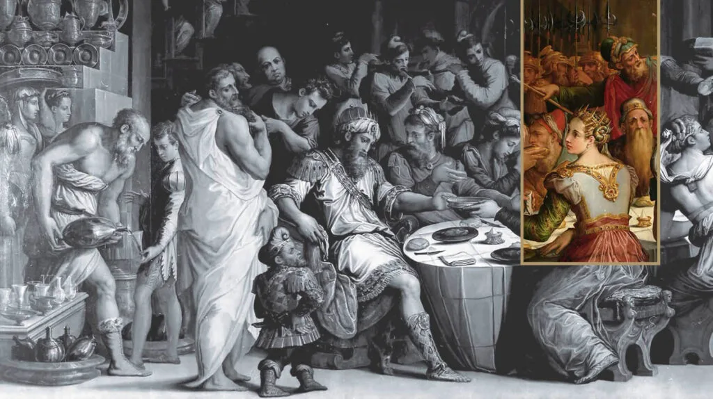 Scena di banchetto rinascimentale (Vasari): sovrano seduto tra cortigiani e servitori con vasellame in primo piano; a destra riquadro a colori con regina incoronata al tavolo.