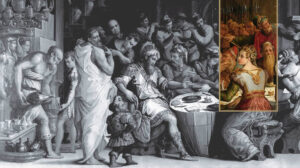 Scena di banchetto rinascimentale (Vasari): sovrano seduto tra cortigiani e servitori con vasellame in primo piano; a destra riquadro a colori con regina incoronata al tavolo.